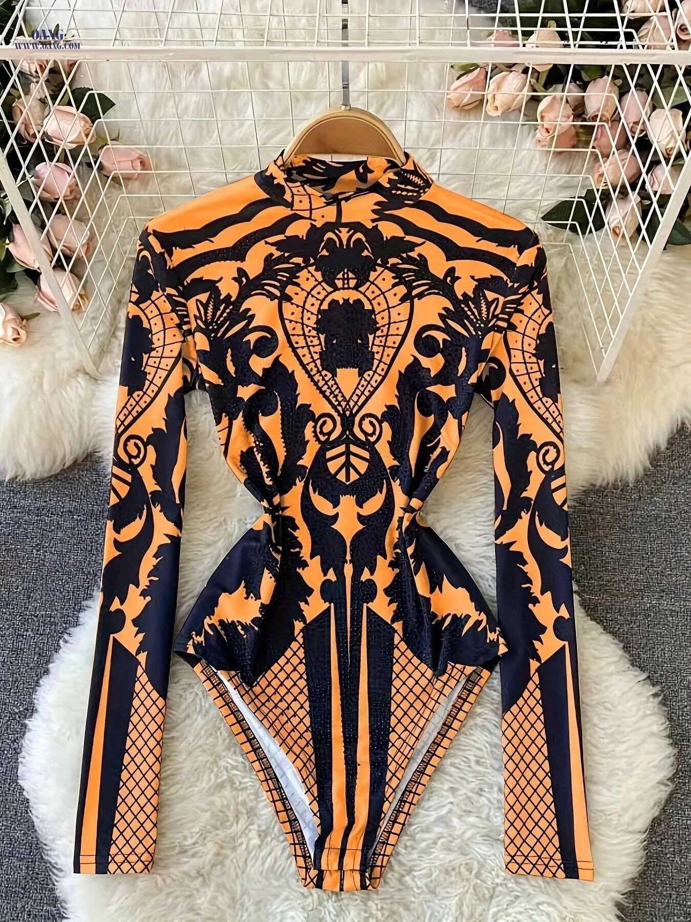 Women’s Tropical Print Bodysuit - Rhinestone Detail, Slim Fit Style   OAXG 