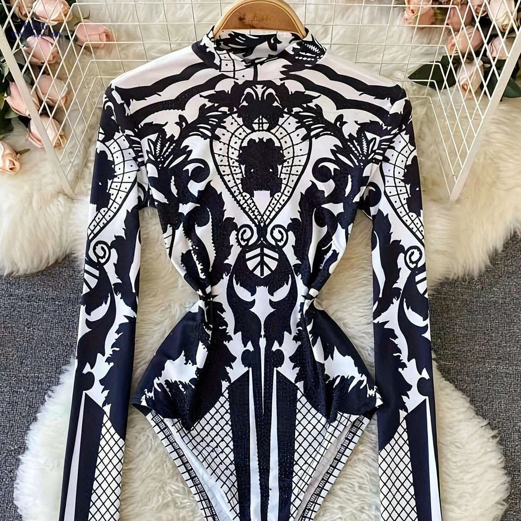 Women’s Tropical Print Bodysuit - Rhinestone Detail, Slim Fit Style   OAXG 