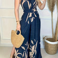 Women's Tropical Print Halter Neck Jumpsuit - European Style   OAXG Blue / S