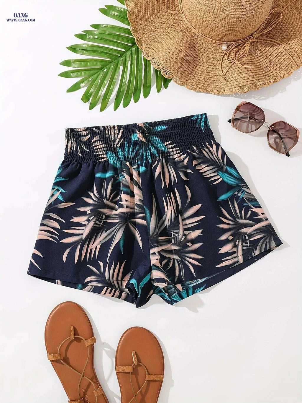 Women's Tropical Print Swim Shorts - High-Waisted, Quick-Dry Fabric   OAXG 