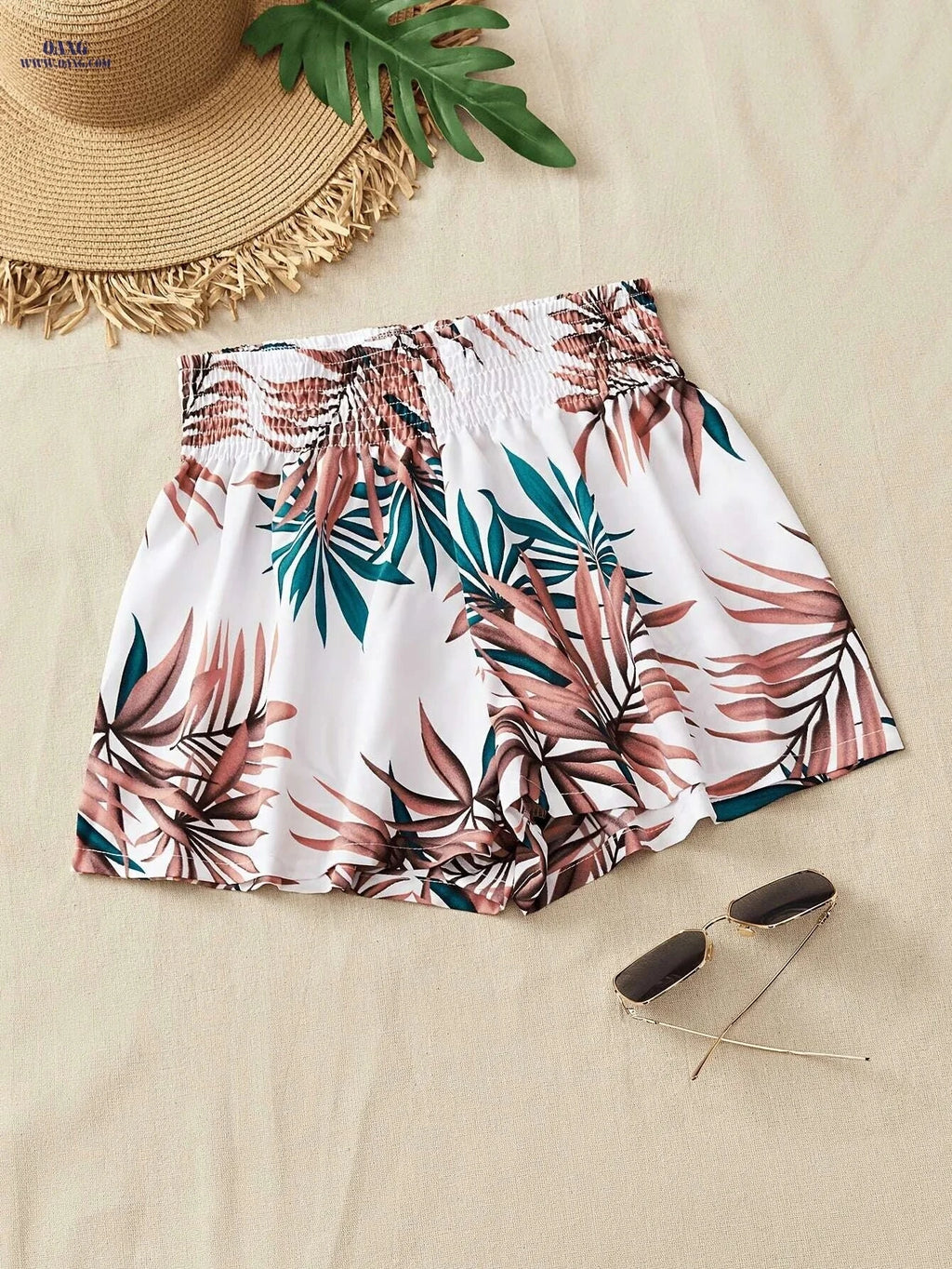 Women's Tropical Print Swim Shorts - High-Waisted, Quick-Dry Fabric   OAXG 