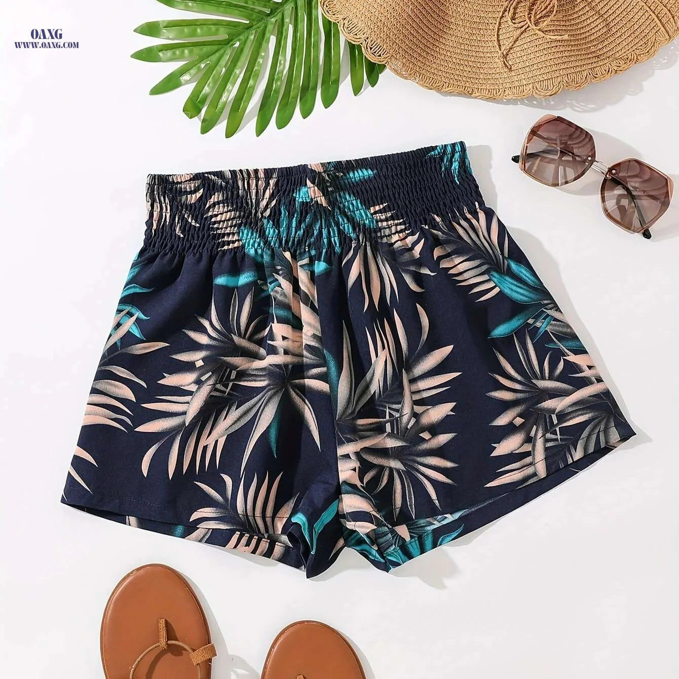 Women's Tropical Print Swim Shorts - High-Waisted, Quick-Dry Fabric   OAXG 