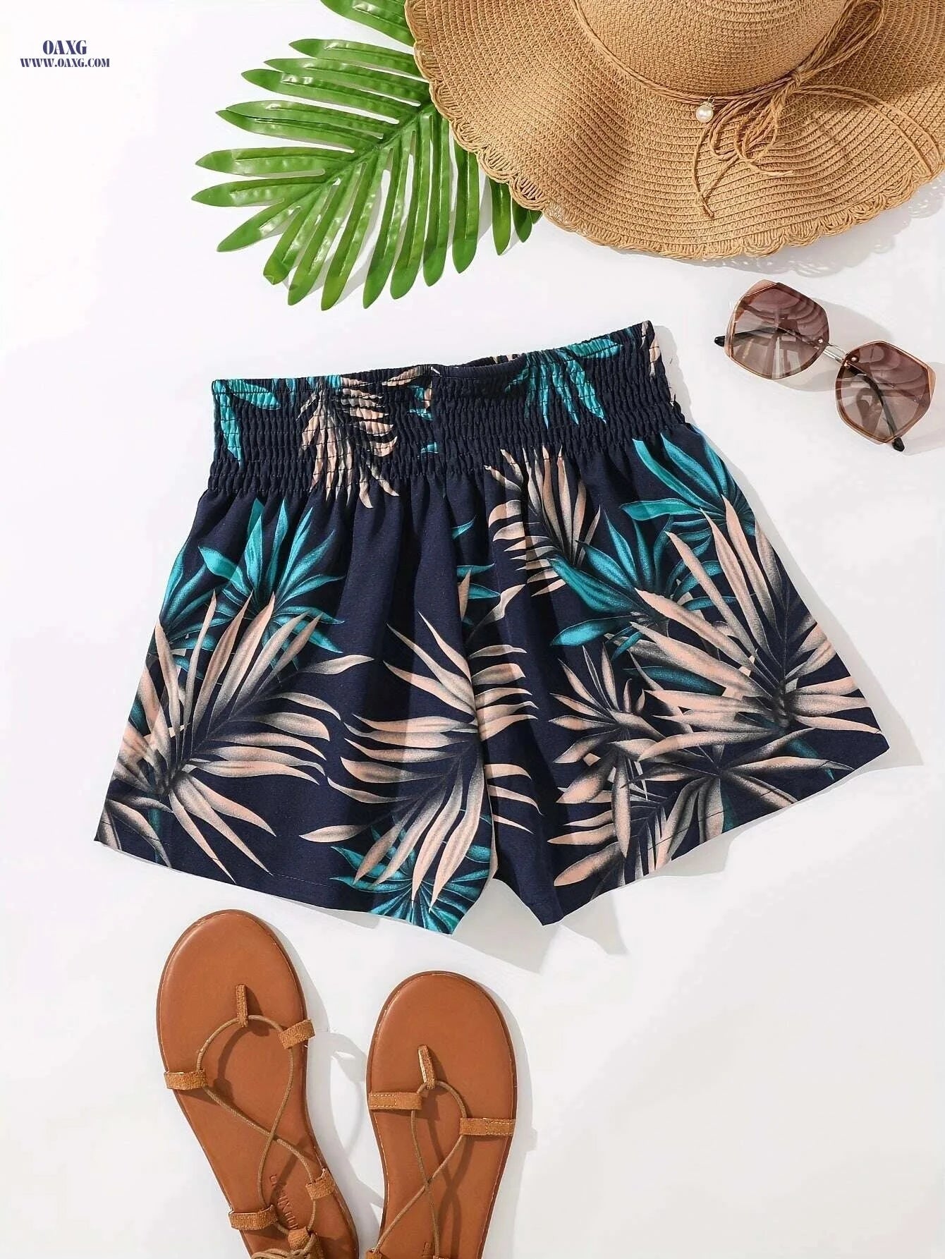 Women's Tropical Print Swim Shorts - High-Waisted, Quick-Dry Fabric   OAXG 