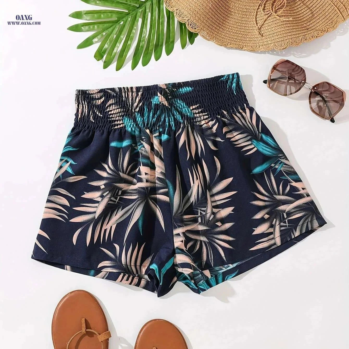 Women's Tropical Print Swim Shorts - High-Waisted, Quick-Dry Fabric   OAXG Mixed Color / S