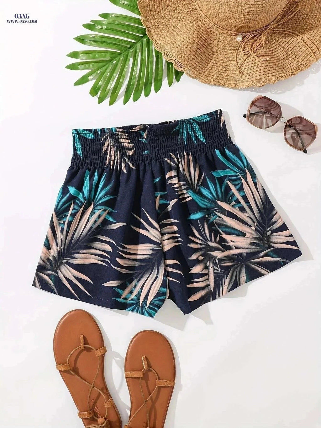 Women's Tropical Print Swim Shorts - High-Waisted, Quick-Dry Fabric   OAXG Mixed Color / S