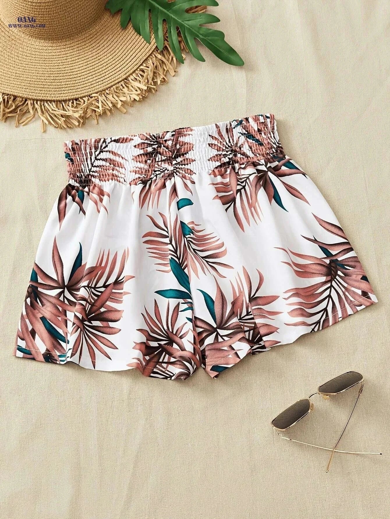 Women's Tropical Print Swim Shorts - High-Waisted, Quick-Dry Fabric   OAXG Mixed Color / S