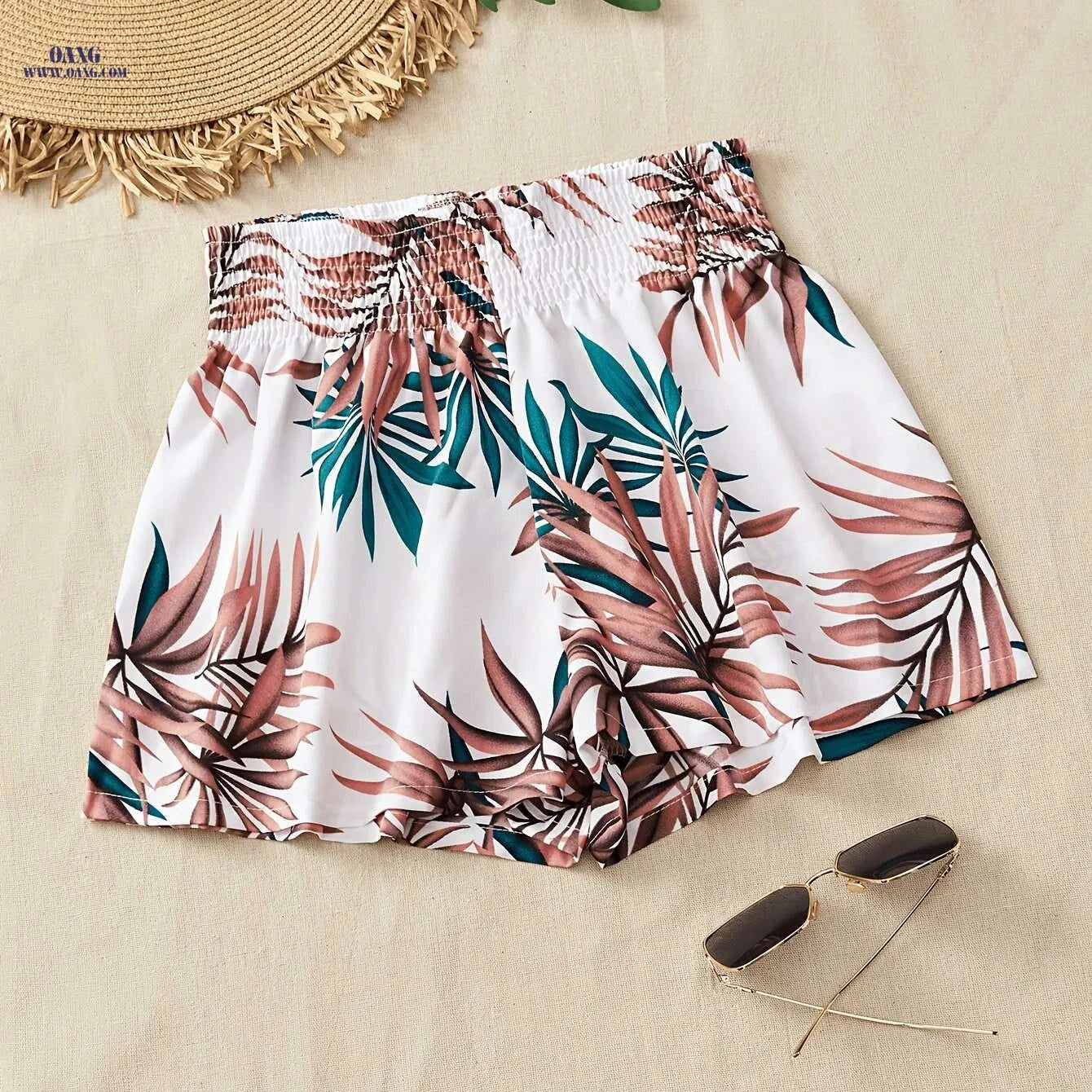 Women's Tropical Print Swim Shorts - High-Waisted, Quick-Dry Fabric   OAXG 