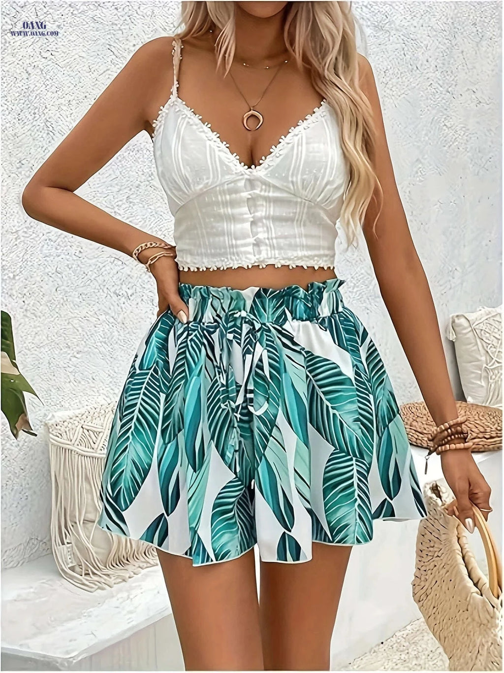 Women's Tropical Print Wide-Leg Shorts - Casual Beach Style   OAXG 