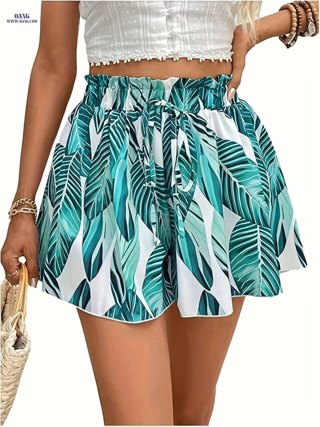 Women's Tropical Print Wide-Leg Shorts - Casual Beach Style   OAXG 