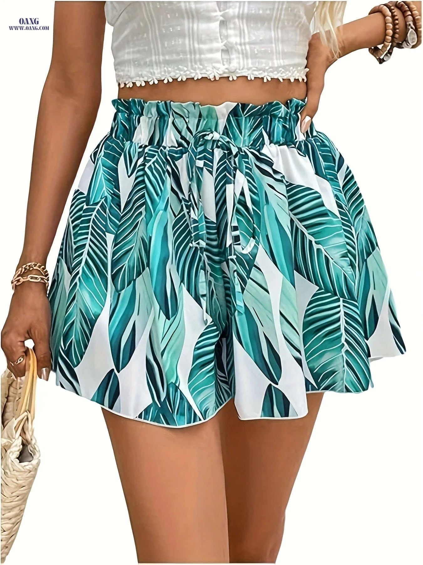 Women's Tropical Print Wide-Leg Shorts - Casual Beach Style   OAXG 