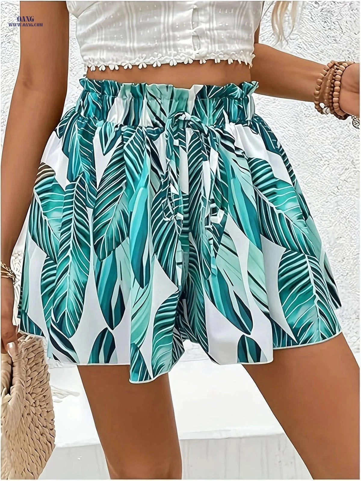 Women's Tropical Print Wide-Leg Shorts - Casual Beach Style   OAXG 