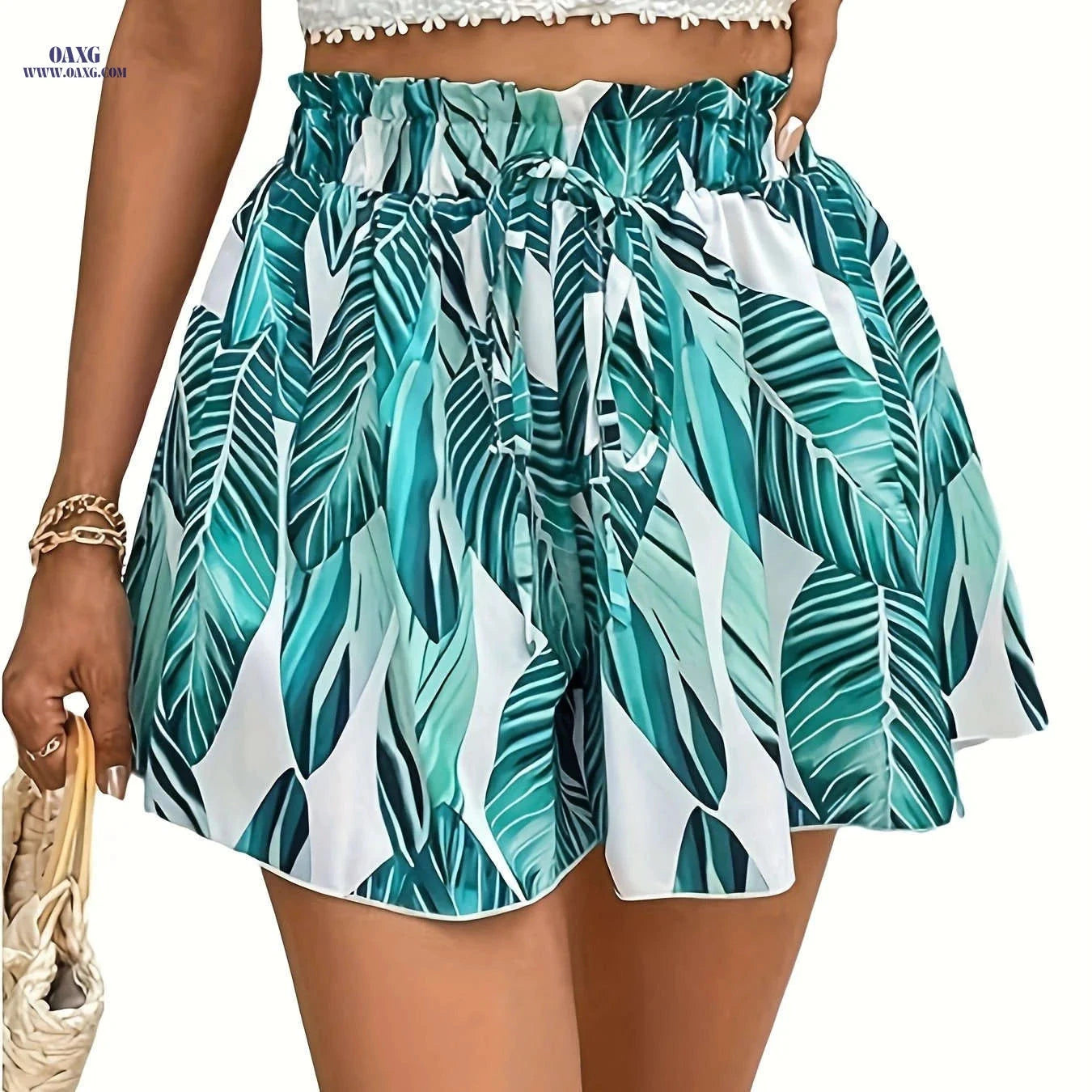 Women's Tropical Print Wide-Leg Shorts - Casual Beach Style   OAXG 