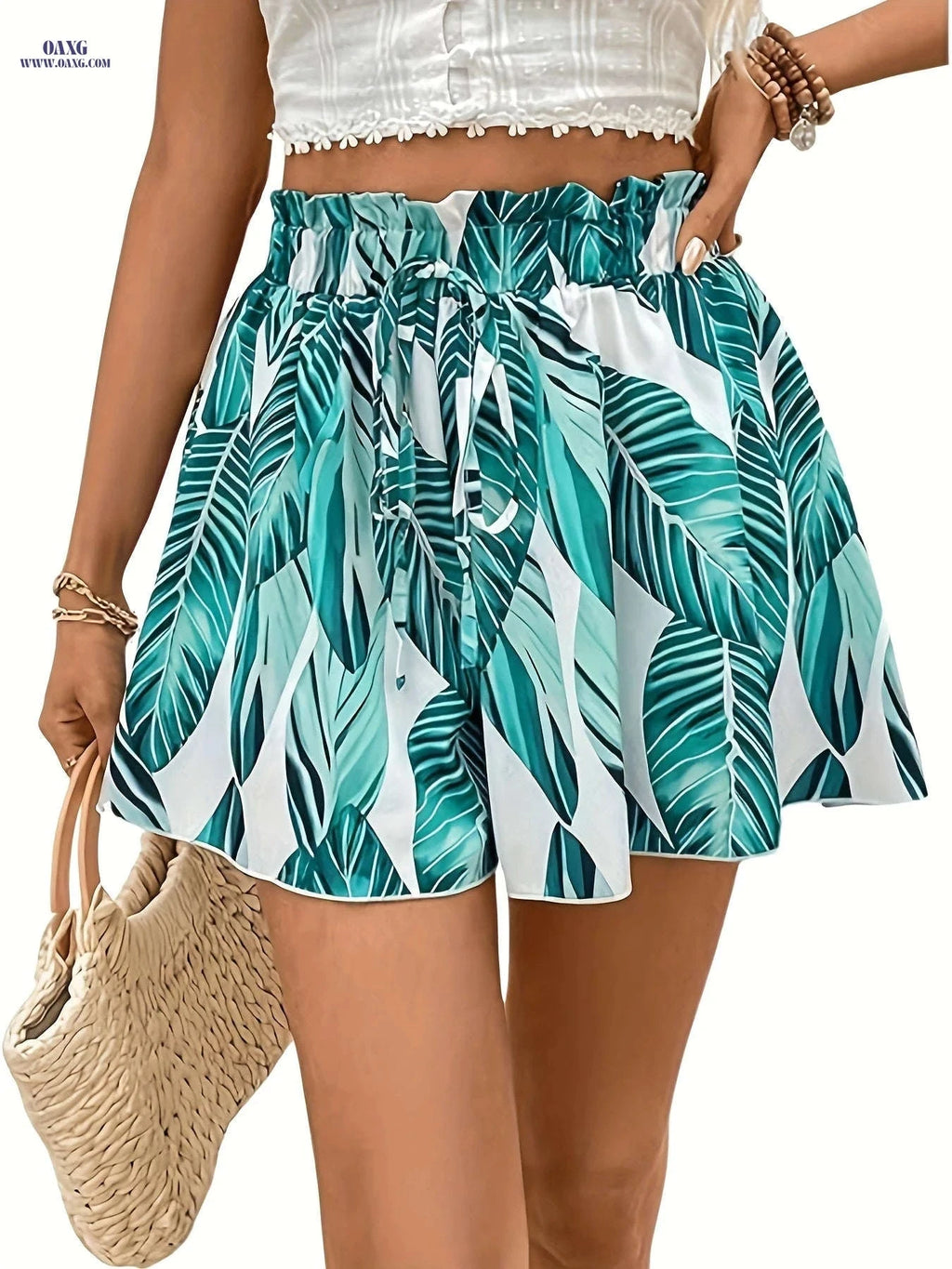 Women's Tropical Print Wide-Leg Shorts - Casual Beach Style   OAXG 