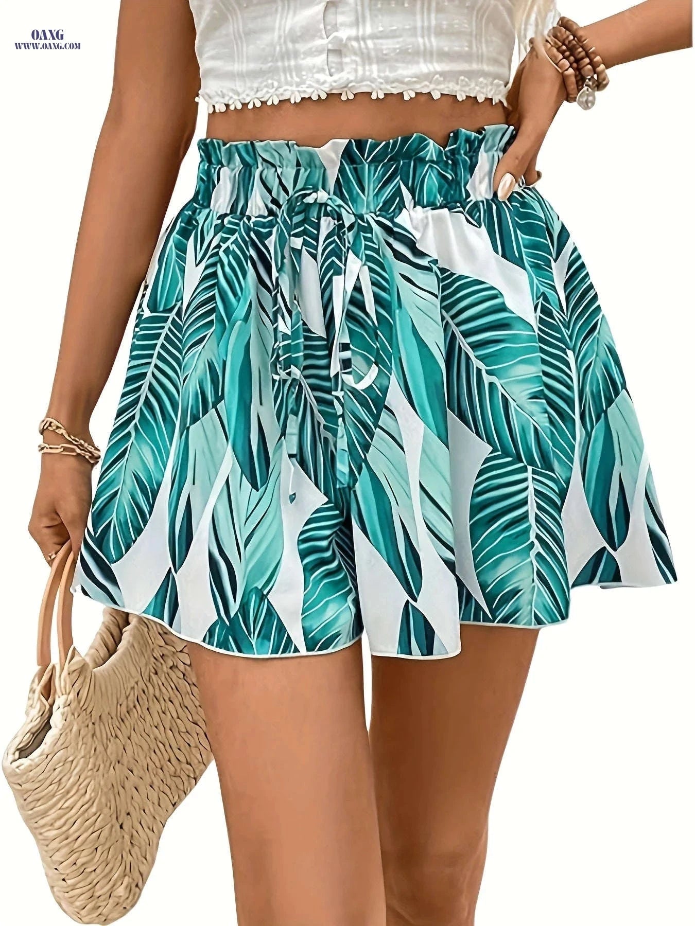 Women's Tropical Print Wide-Leg Shorts - Casual Beach Style   OAXG 