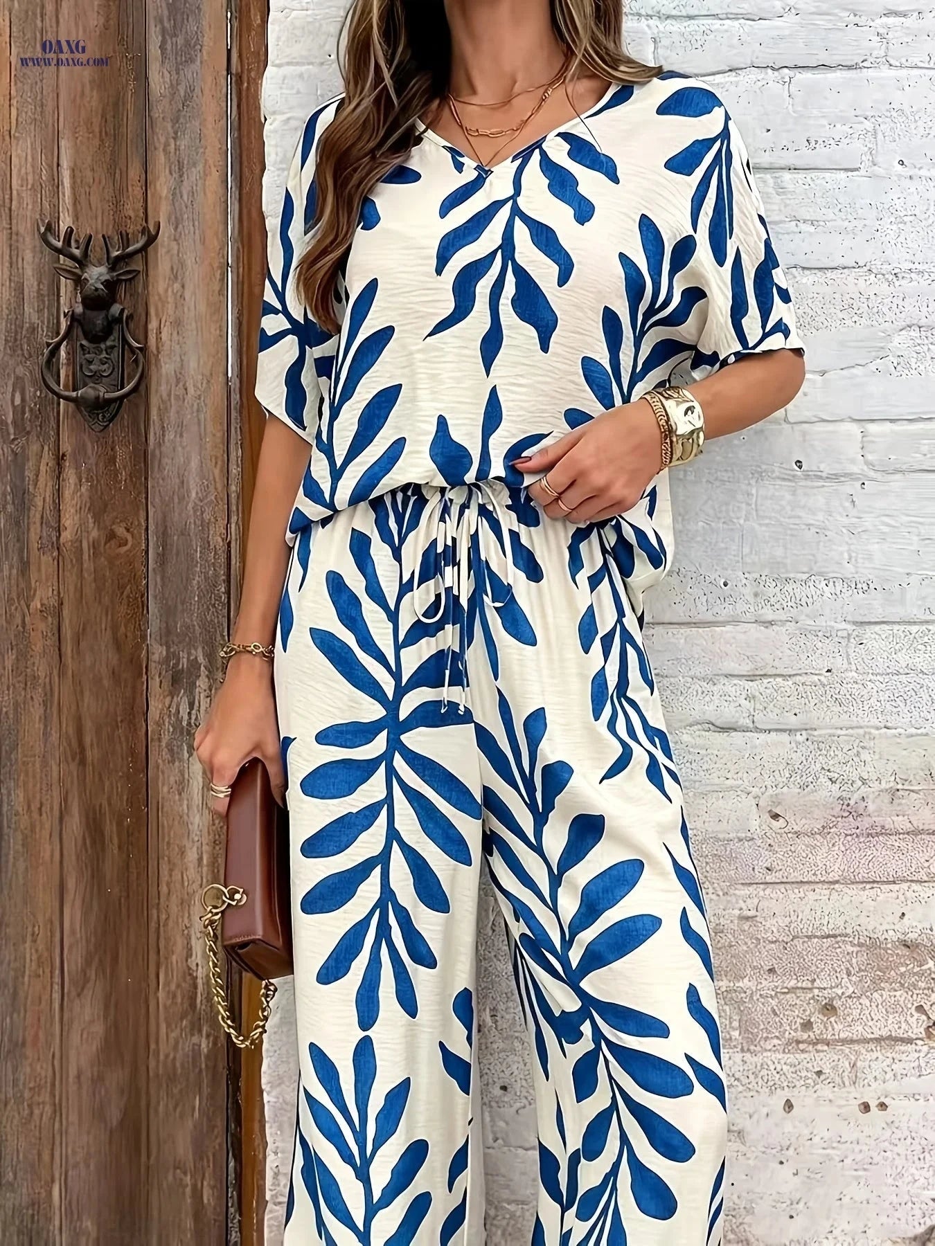 Women's Tropical Printed Long Pants Set - Casual Style, 95% Polyester   OAXG Khaki Print / S