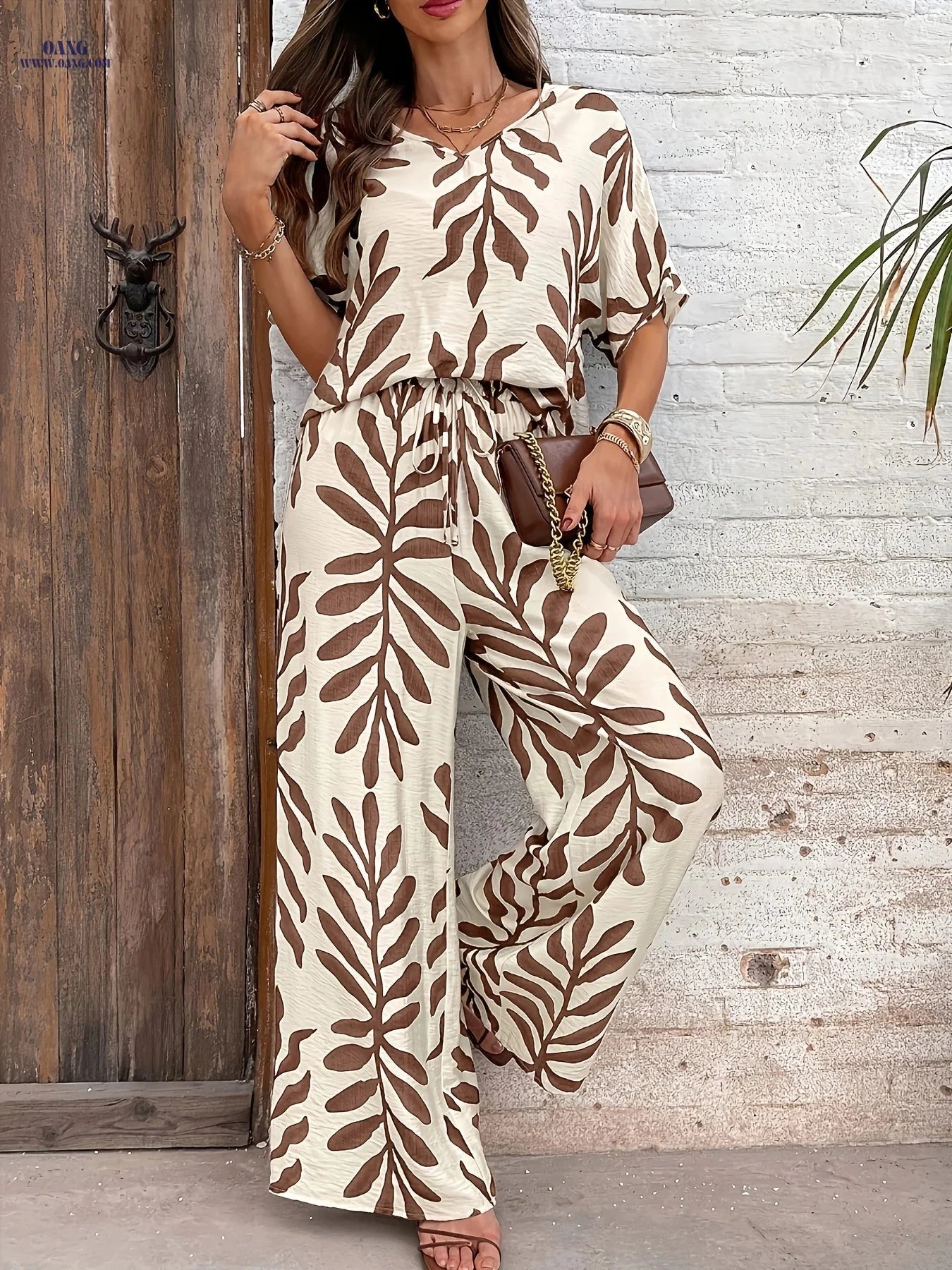 Women's Tropical Printed Long Pants Set - Casual Style, 95% Polyester   OAXG Khaki Print / S