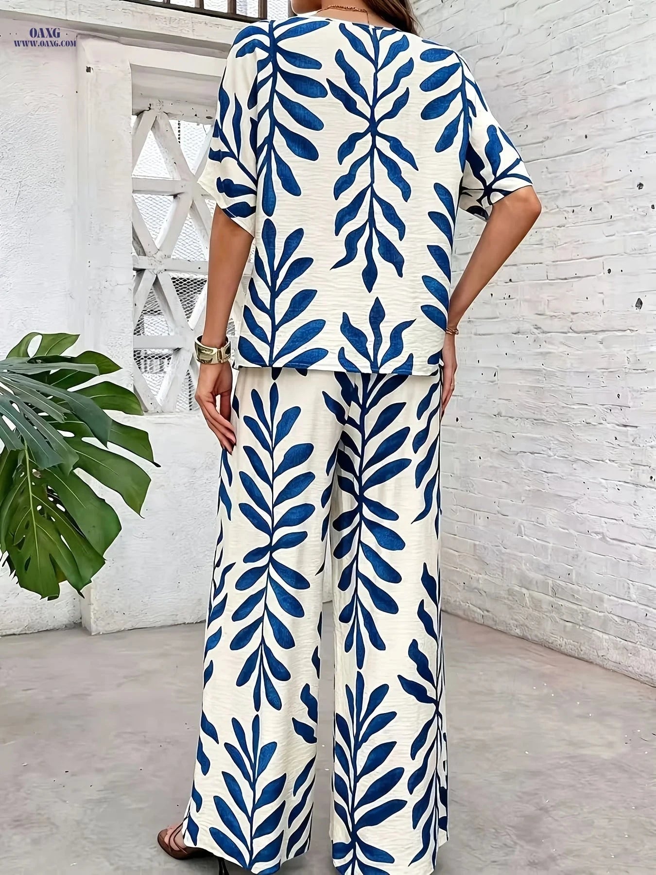Women's Tropical Printed Long Pants Set - Casual Style, 95% Polyester   OAXG Khaki Print / S