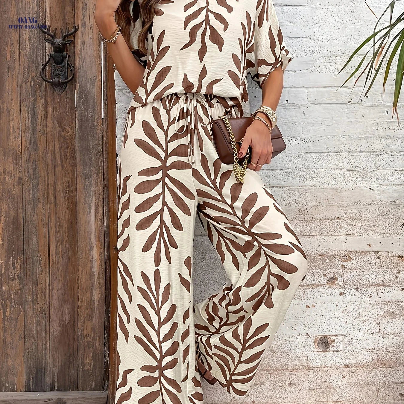 Women's Tropical Printed Long Pants Set - Casual Style, 95% Polyester   OAXG Khaki Print / S