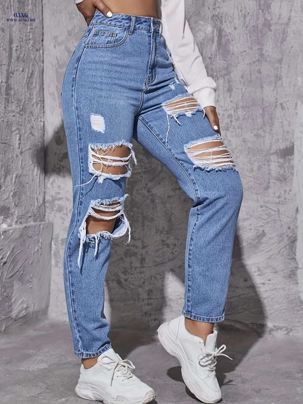 Women's Trousers 1010-B - Tapered Denim, Casual Ripped Style   OAXG 