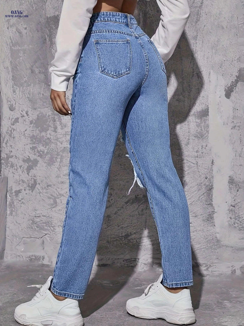 Women's Trousers 1010-B - Tapered Denim, Casual Ripped Style   OAXG Vibrant Blue / XS