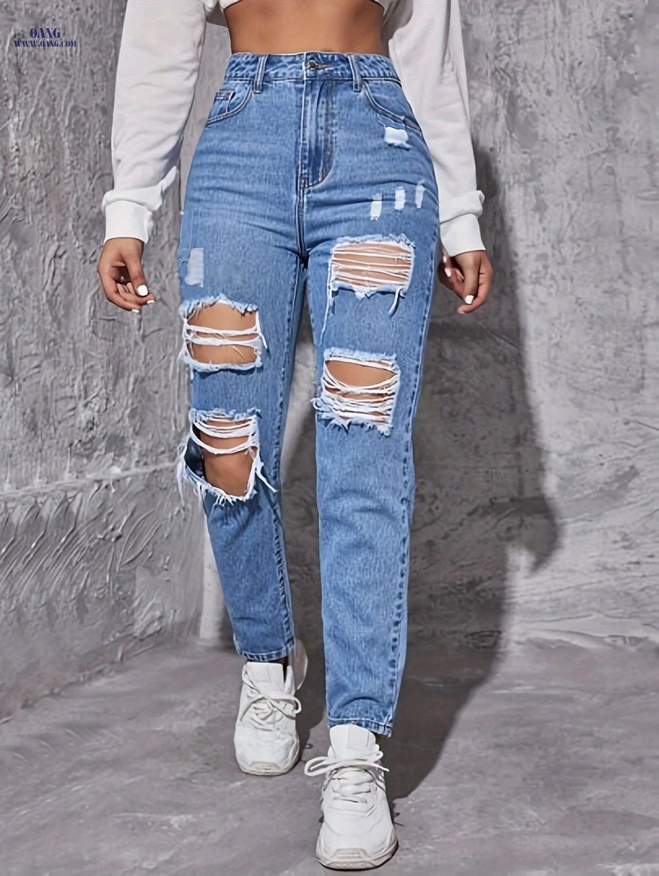 Women's Trousers 1010-B - Tapered Denim, Casual Ripped Style   OAXG Vibrant Blue / XS