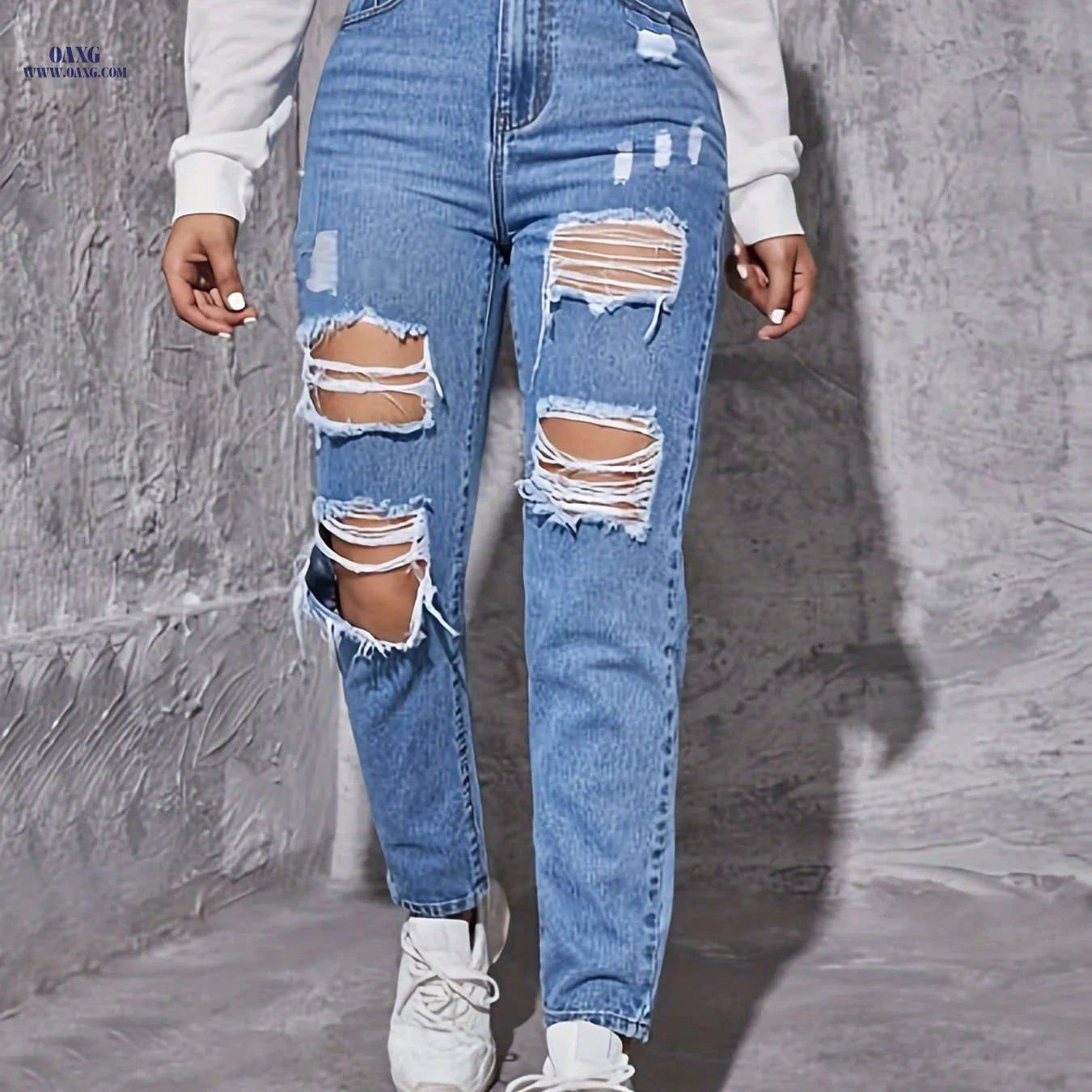 Women's Trousers 1010-B - Tapered Denim, Casual Ripped Style   OAXG Vibrant Blue / XS