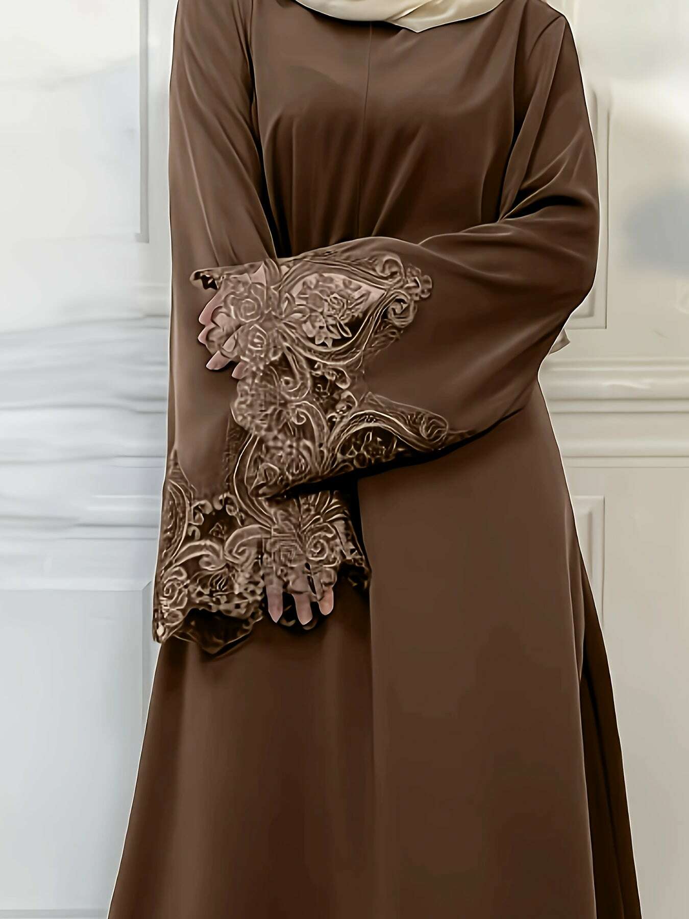 Women's Turkish Abaya Robe - Elegant Lace Trim for All-Season Wear   OAXG 
