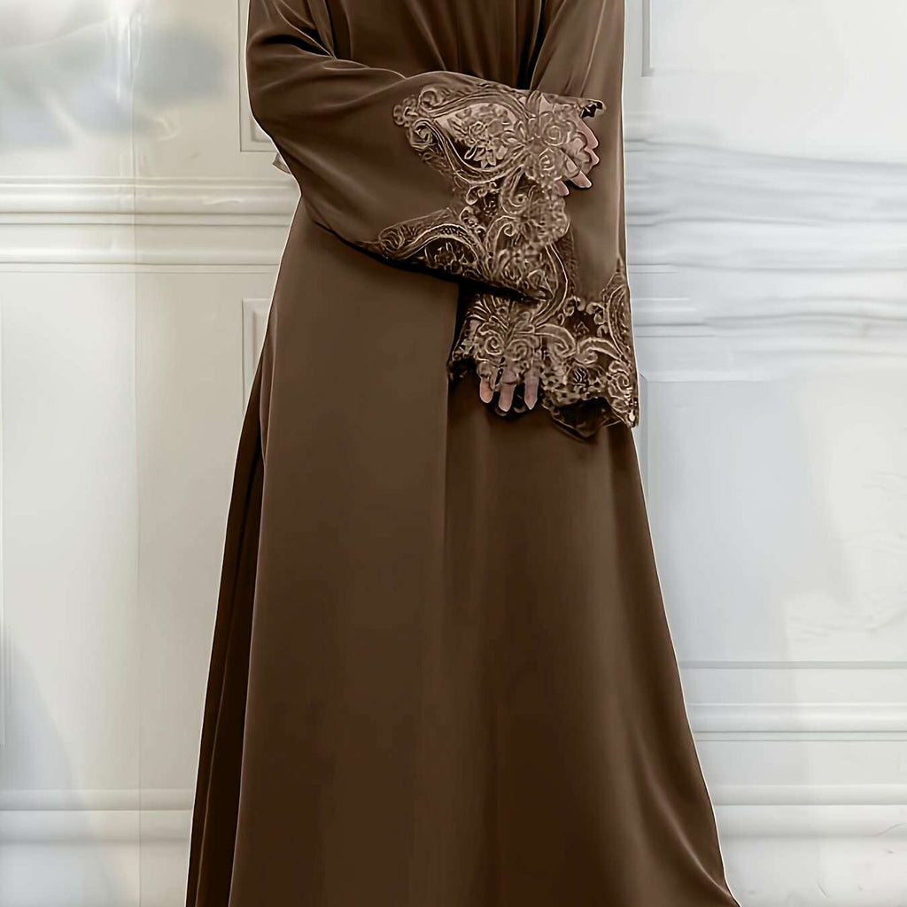 Women's Turkish Abaya Robe - Elegant Lace Trim for All-Season Wear   OAXG Coffee color / S