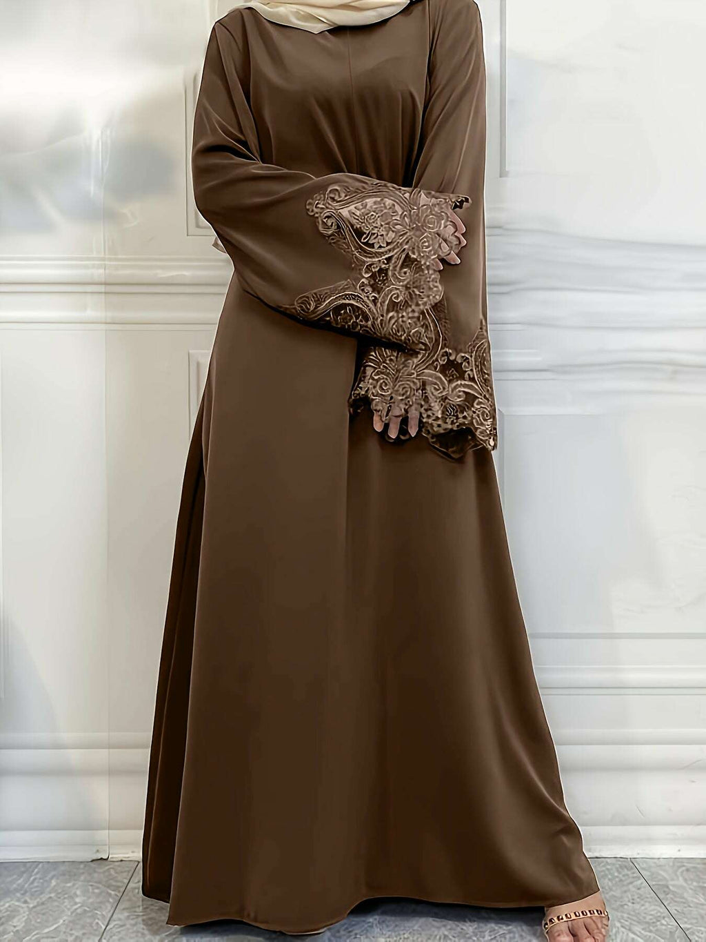 Women's Turkish Abaya Robe - Elegant Lace Trim for All-Season Wear   OAXG Coffee color / S
