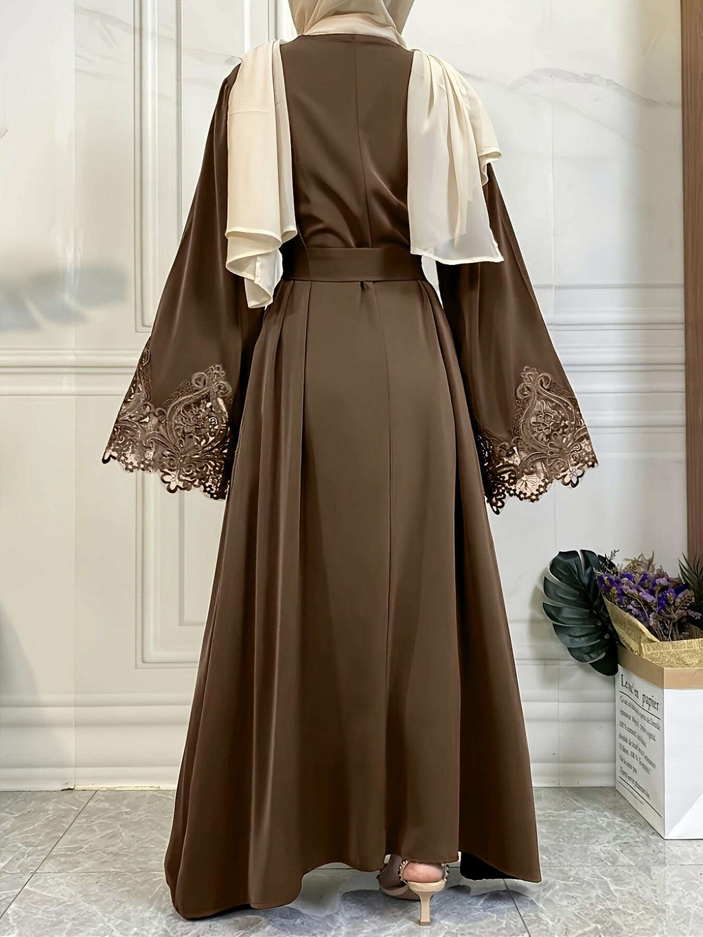 Women's Turkish Abaya Robe - Elegant Lace Trim for All-Season Wear   OAXG 