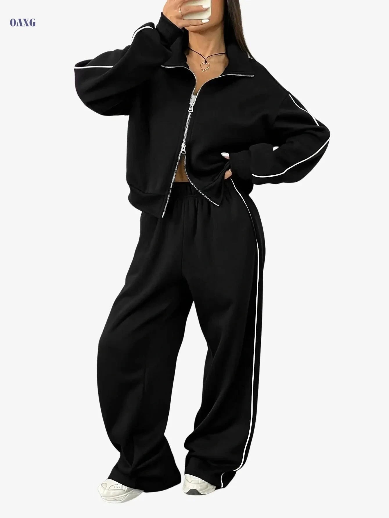 Women's Two-Piece Sportswear Set - Long Sleeve Zip Sweatshirt & Pants   OAXG 