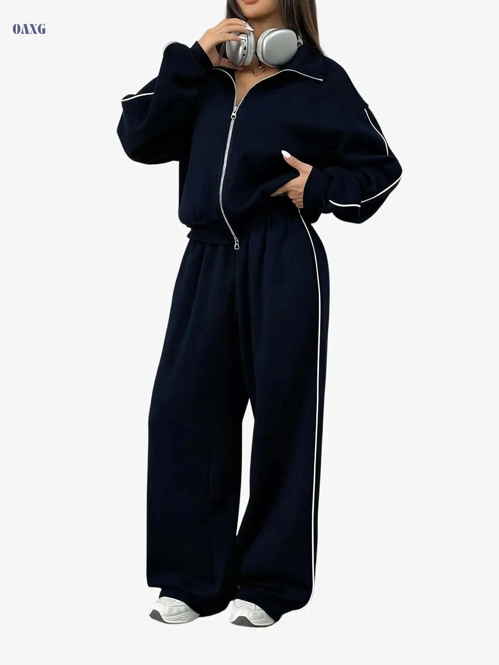 Women's Two-Piece Sportswear Set - Long Sleeve Zip Sweatshirt & Pants   OAXG 
