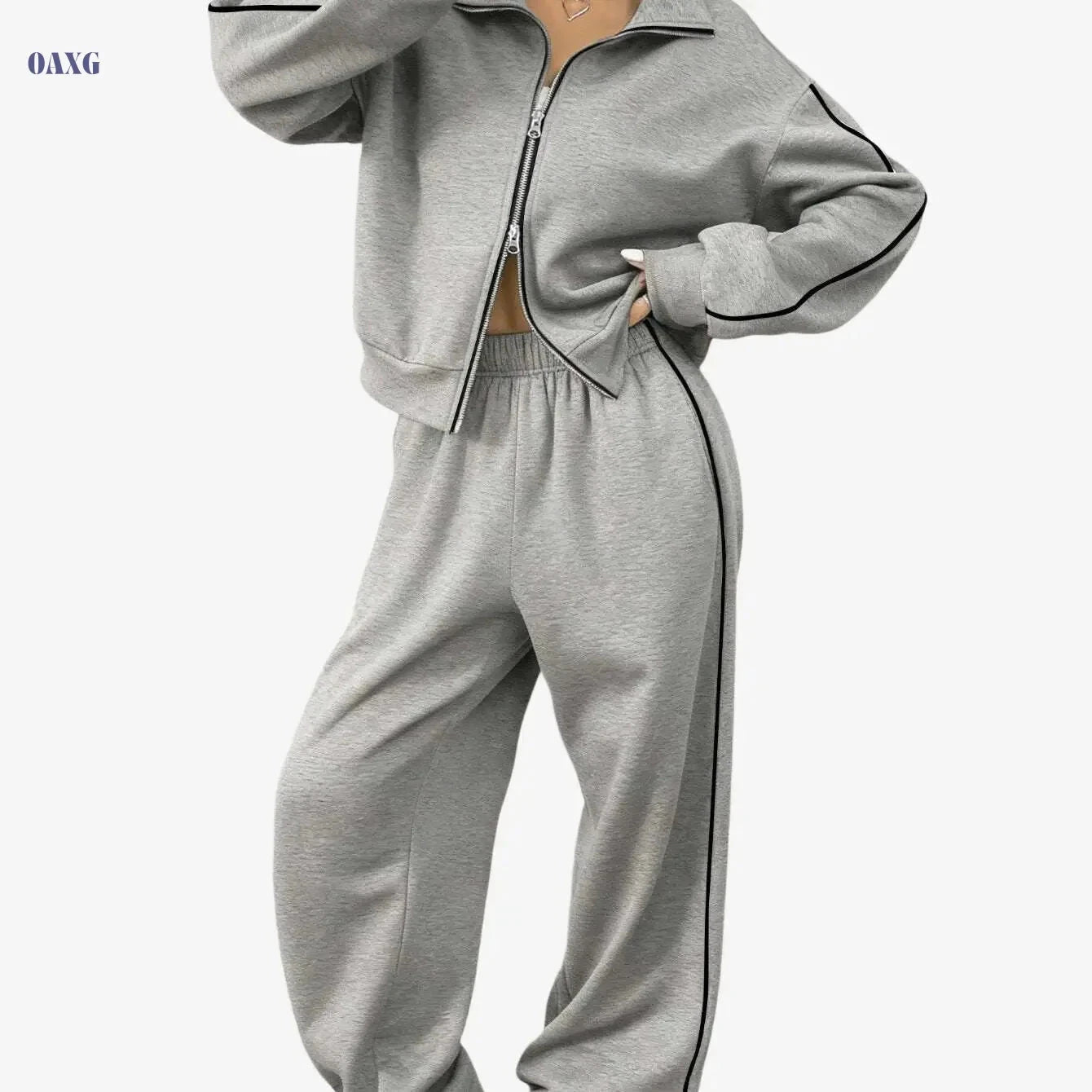 Women's Two-Piece Sportswear Set - Long Sleeve Zip Sweatshirt & Pants   OAXG 