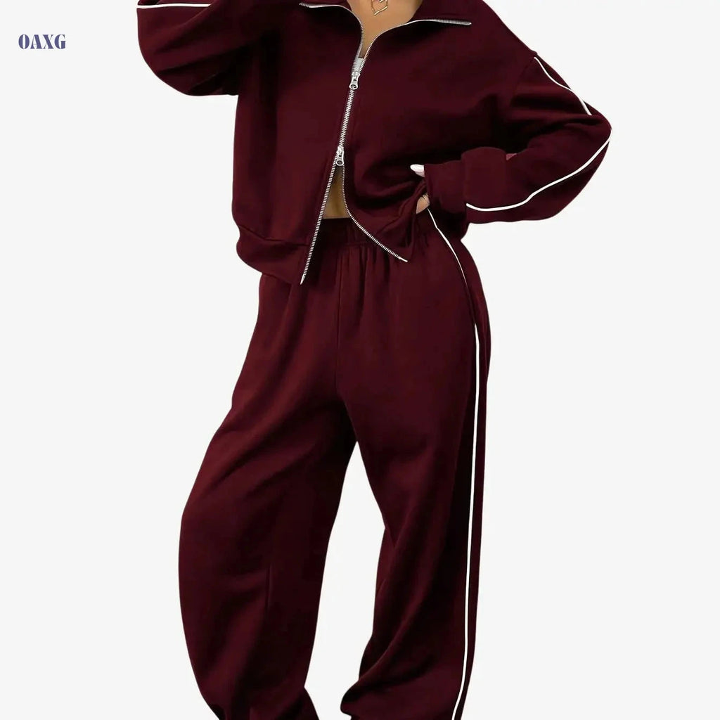 Women's Two-Piece Sportswear Set - Long Sleeve Zip Sweatshirt & Pants   OAXG Maroon 2 / S