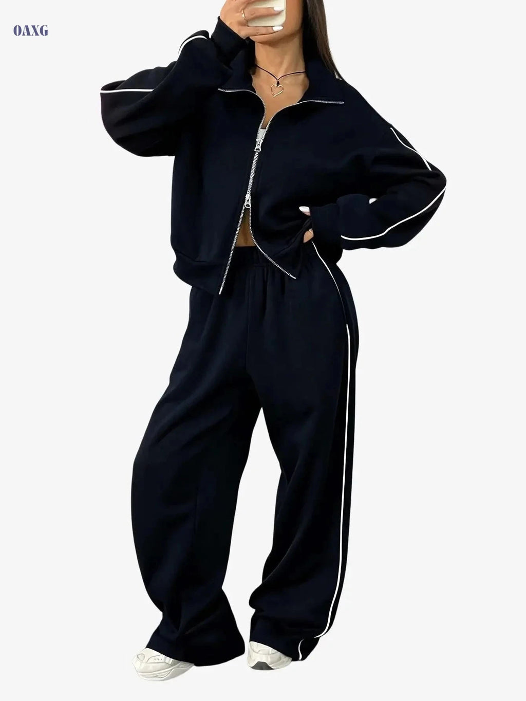 Women's Two-Piece Sportswear Set - Long Sleeve Zip Sweatshirt & Pants   OAXG Maroon 2 / S