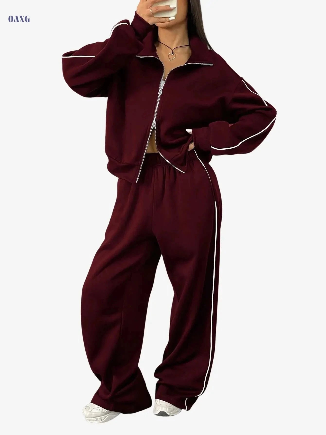 Women's Two-Piece Sportswear Set - Long Sleeve Zip Sweatshirt & Pants   OAXG Maroon 2 / S