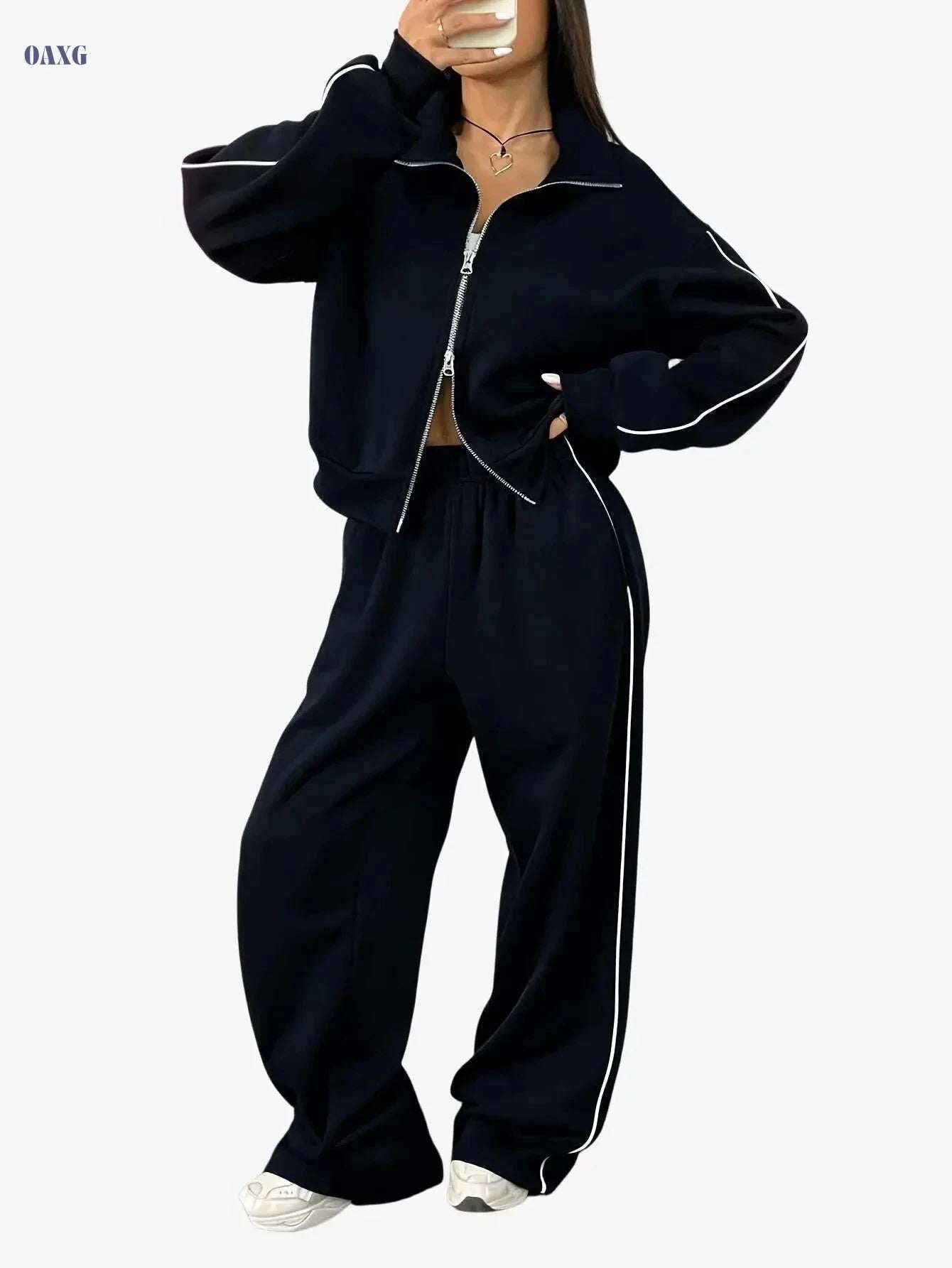 Women's Two-Piece Sportswear Set - Long Sleeve Zip Sweatshirt & Pants   OAXG Maroon 2 / S