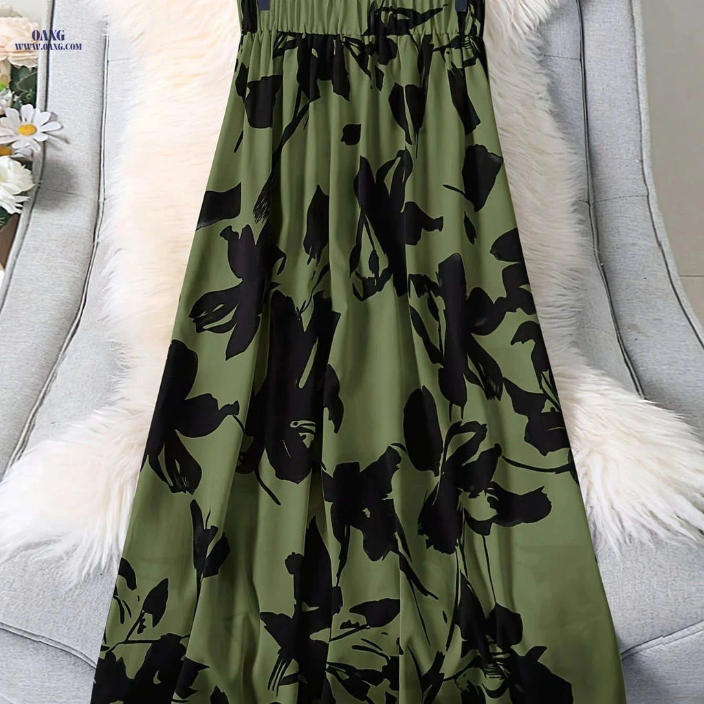 Women's Two-Tone Floral Skirt - Elastic Waist, Spring/Fall Style   OAXG Army Green / S