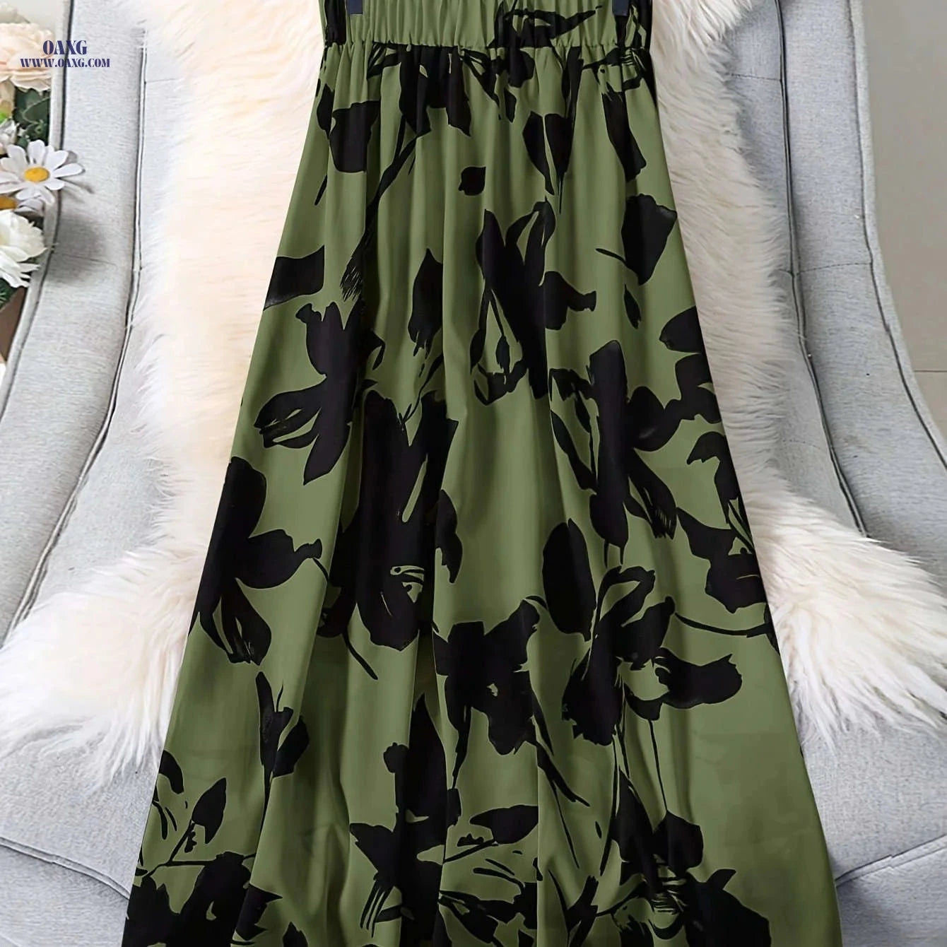 Women's Two-Tone Floral Skirt - Elastic Waist, Spring/Fall Style   OAXG Army Green / S