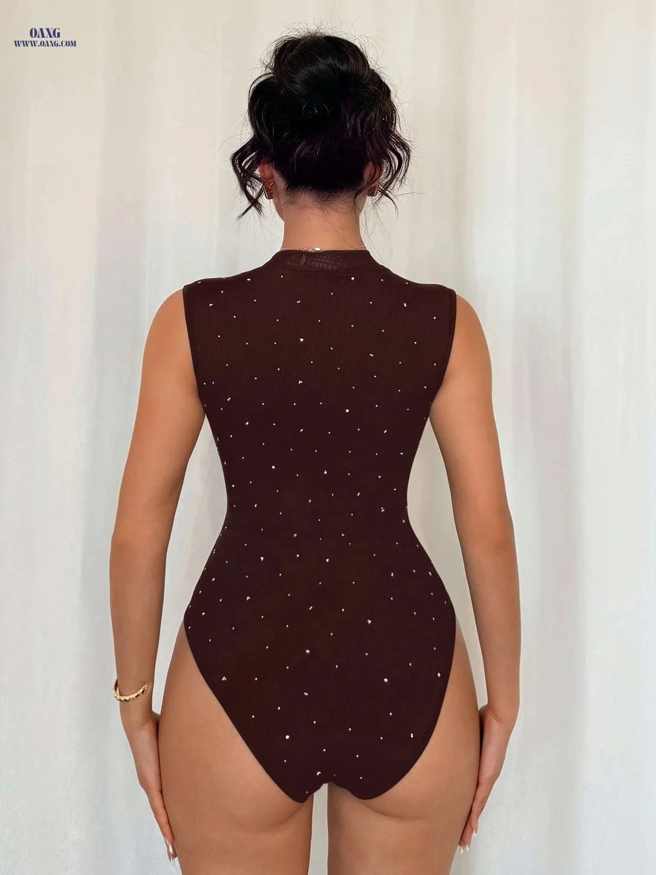 Women's V-Neck Bodysuit - Transparent Mesh Panel, Elegant Layering   OAXG 