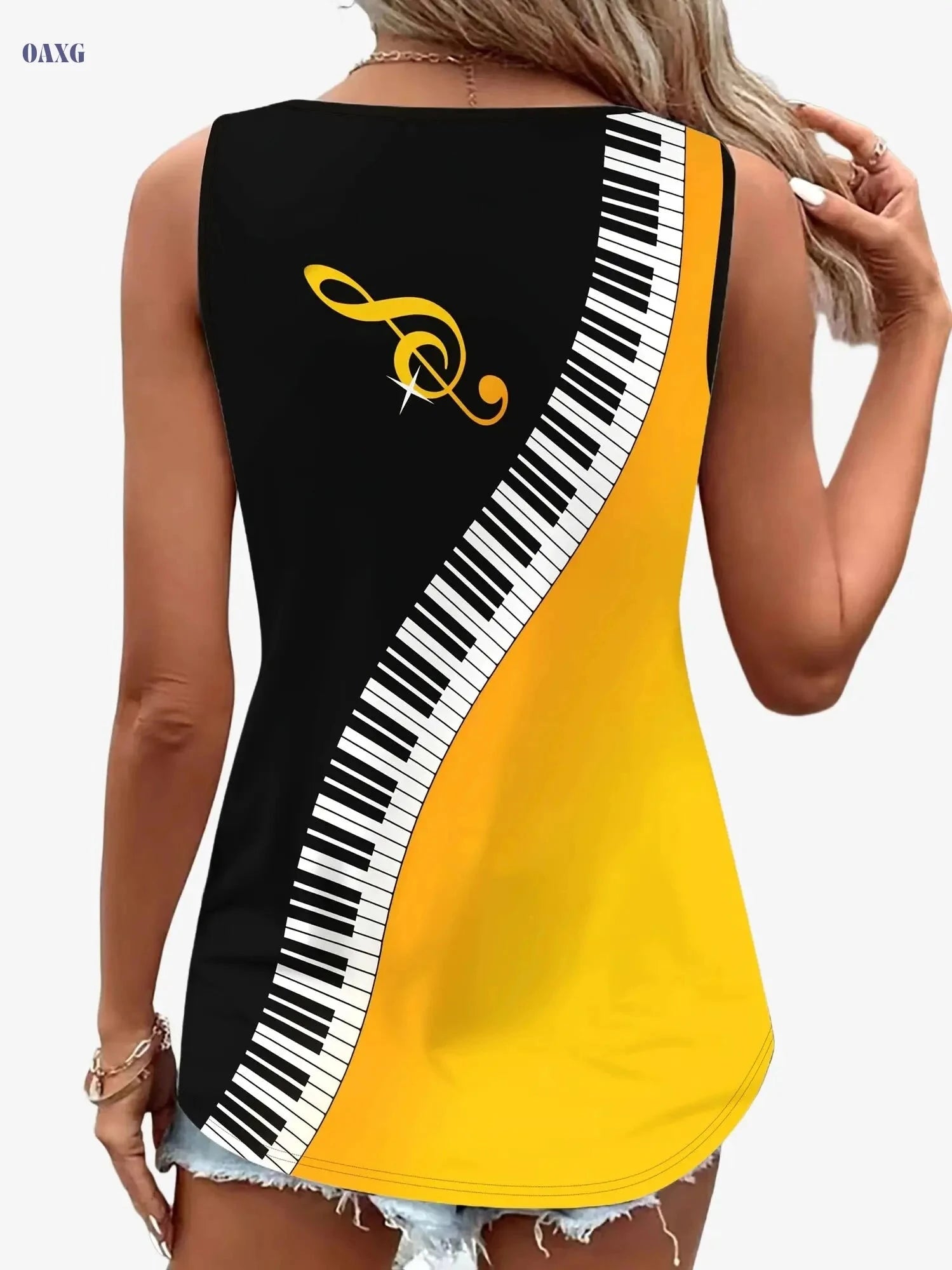 Women's V-Neck Casual Sports Tank Top - 3D Piano Pattern, Medium Stretch   OAXG 