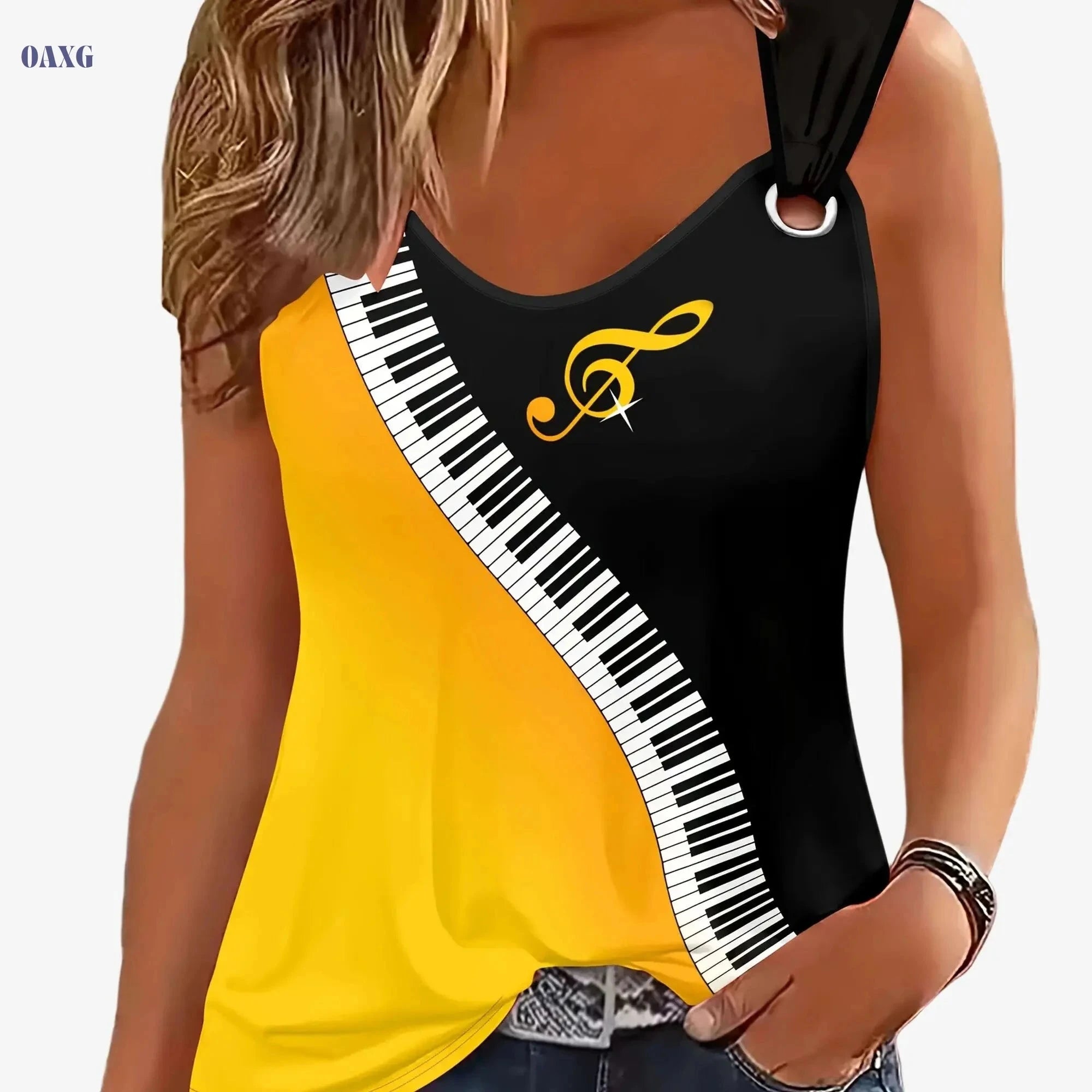 Women's V-Neck Casual Sports Tank Top - 3D Piano Pattern, Medium Stretch   OAXG 