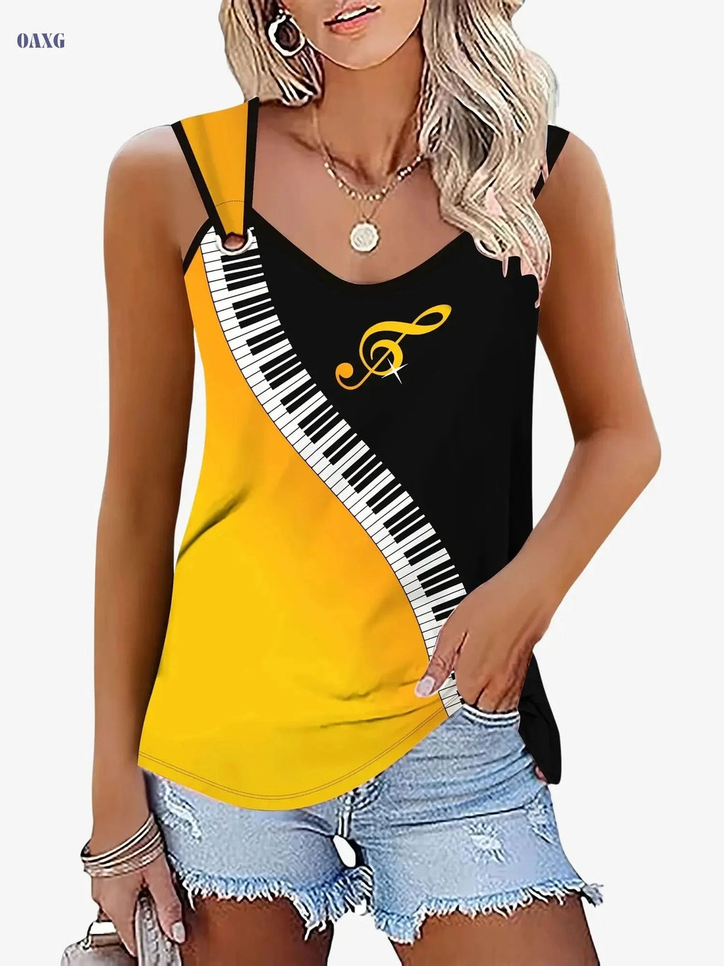 Women's V-Neck Casual Sports Tank Top - 3D Piano Pattern, Medium Stretch   OAXG Mixed Color / S