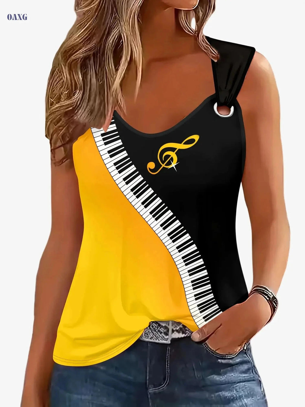 Women's V-Neck Casual Sports Tank Top - 3D Piano Pattern, Medium Stretch   OAXG Mixed Color / S