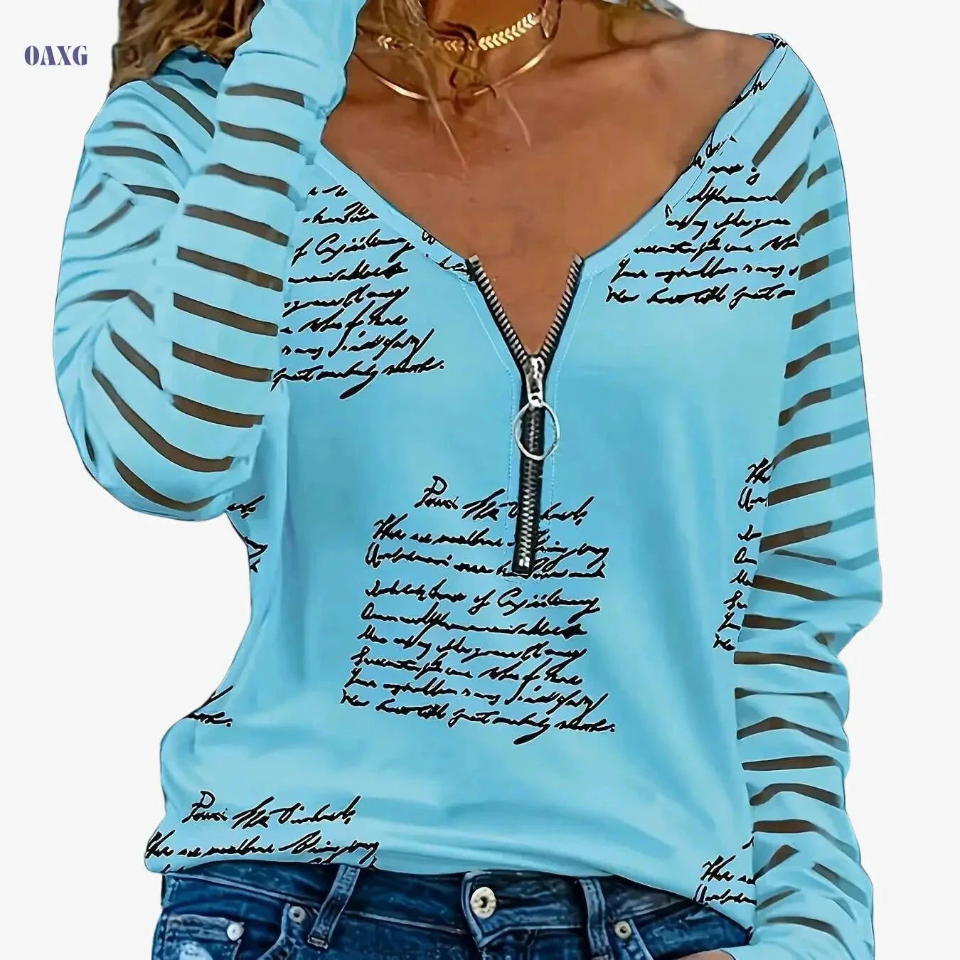Women's V-Neck Casual T-Shirt - Half-Cloud Print, 100% Polyester   OAXG 