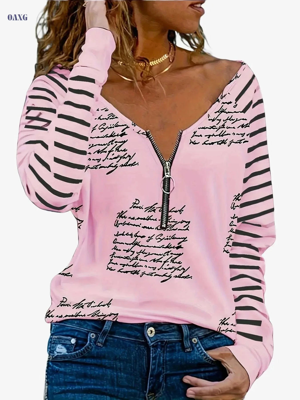 Women's V-Neck Casual T-Shirt - Half-Cloud Print, 100% Polyester   OAXG 