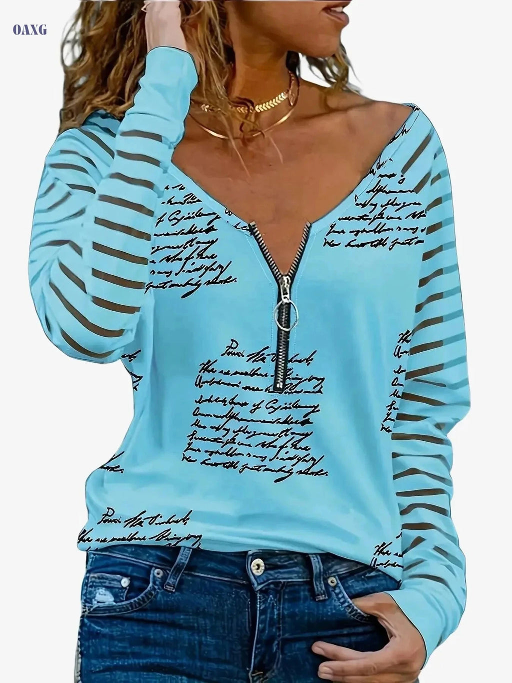 Women's V-Neck Casual T-Shirt - Half-Cloud Print, 100% Polyester   OAXG 