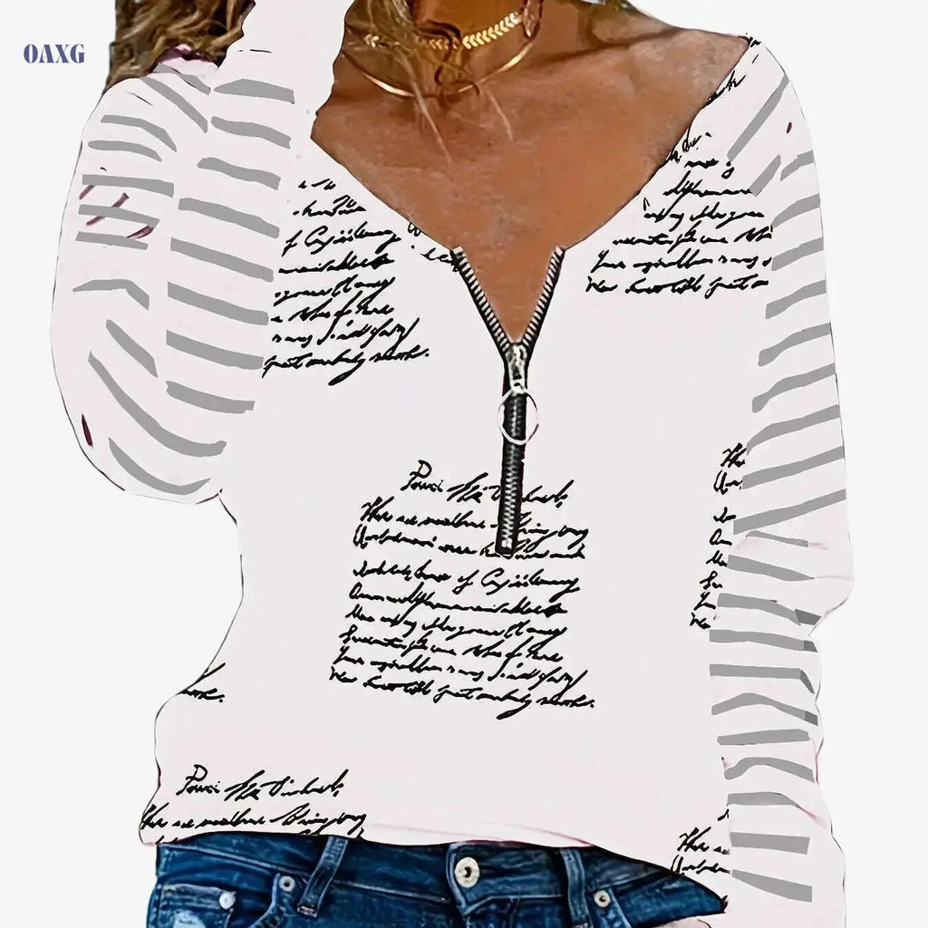Women's V-Neck Casual T-Shirt - Half-Cloud Print, 100% Polyester   OAXG White / S