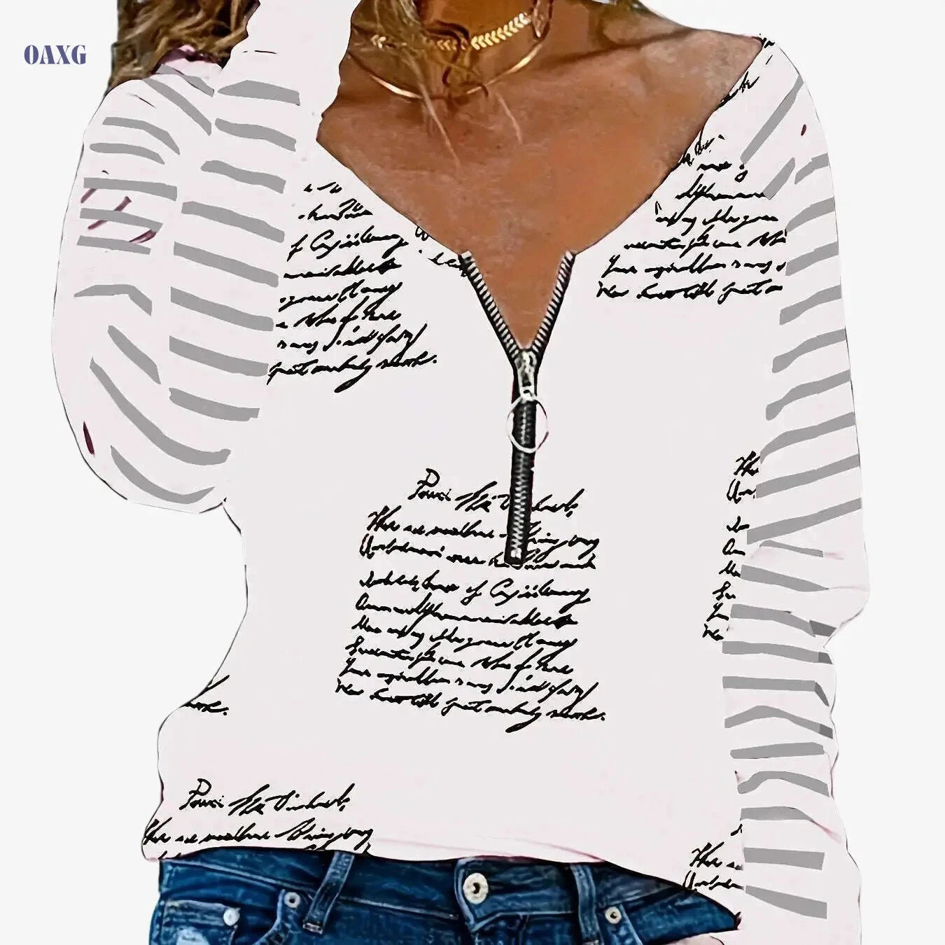 Women's V-Neck Casual T-Shirt - Half-Cloud Print, 100% Polyester   OAXG White / S