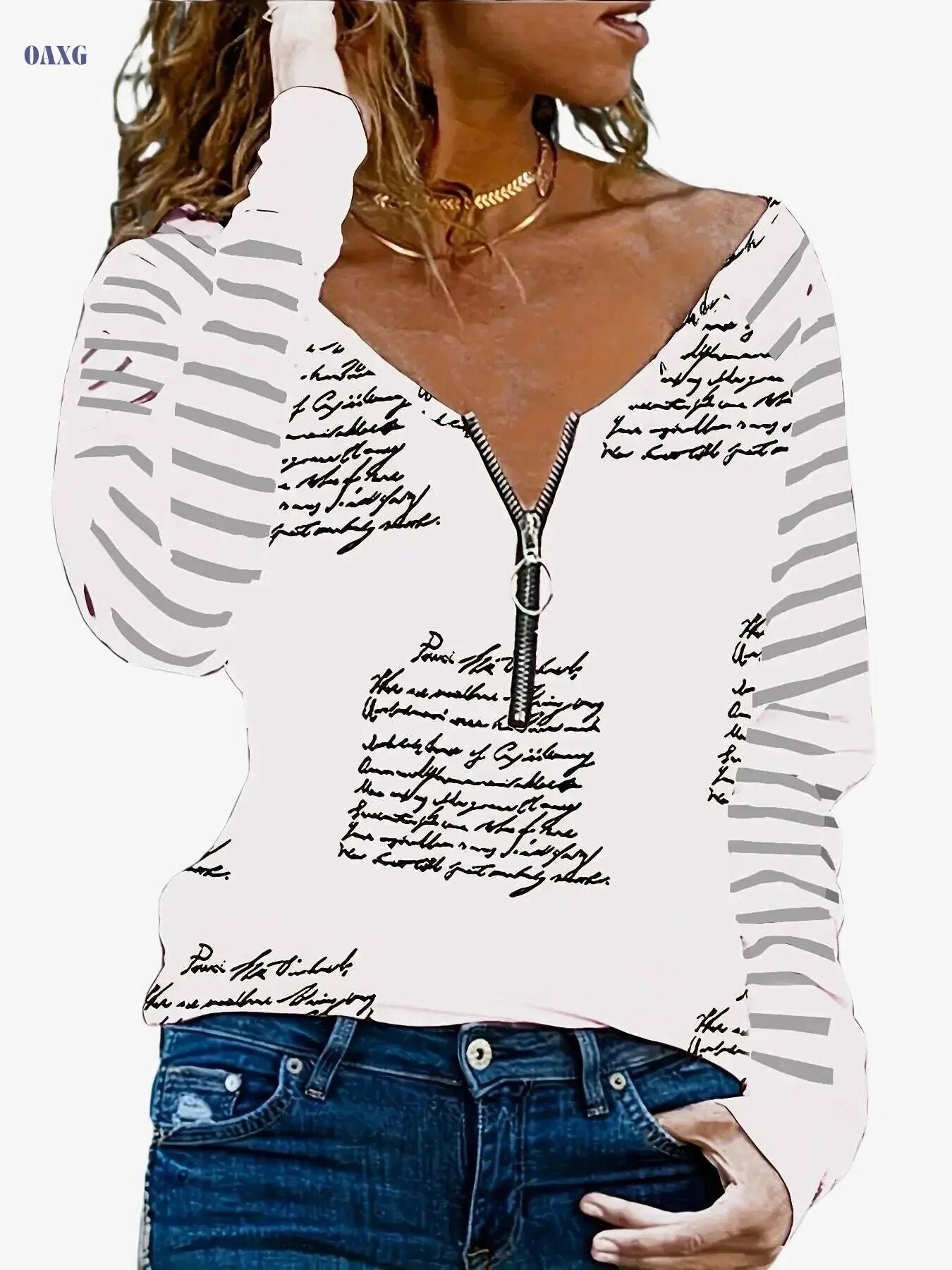 Women's V-Neck Casual T-Shirt - Half-Cloud Print, 100% Polyester   OAXG White / S
